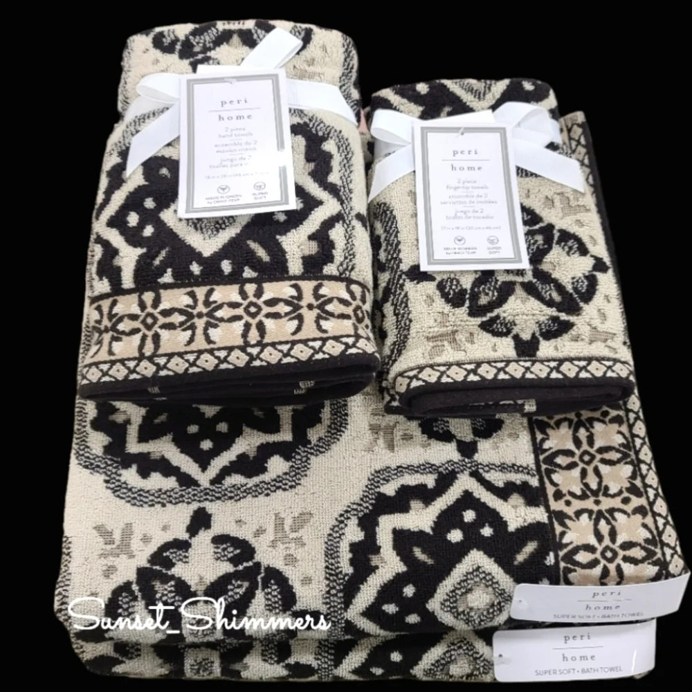6pc Peri Home Tan & Black Mediterranean Tile Bath Hand Tip Towel Set New